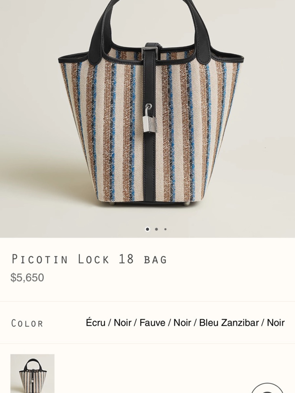 Hermes Striped Canvas Tote in Blue, Tan and Black Trim PICOTIN LOCK 18